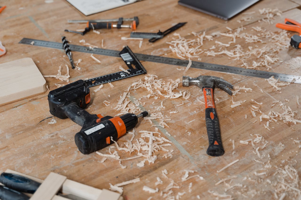 Close-Up Shot of Woodwork Tools on a Wooden Surface